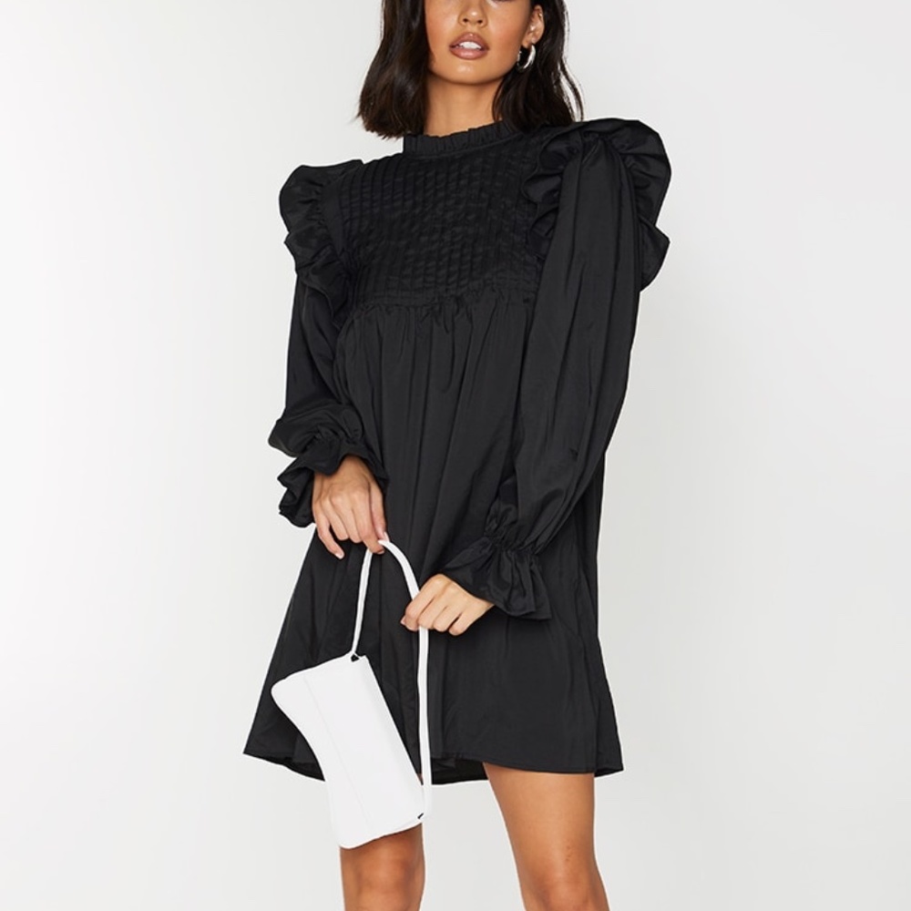 NEW! Pretty Little Thing Black Ruffle Binding Detail Shirt Dress Size 12